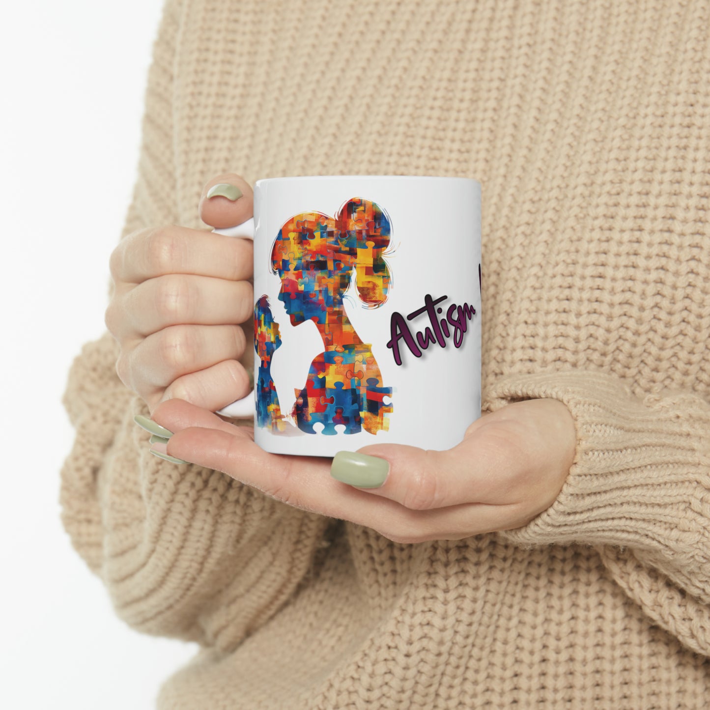 Autism Awareness Ceramic Mug - 11oz "Autism Mom" Coffee Cup