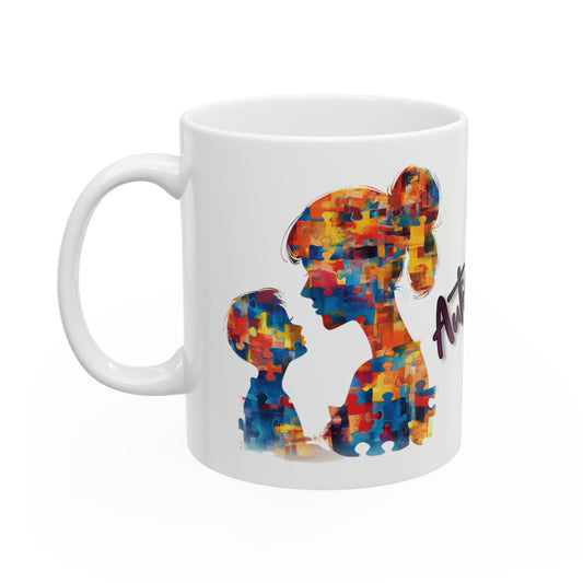 Autism Awareness Ceramic Mug - 11oz "Autism Mom" Coffee Cup