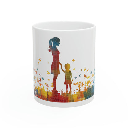 Autism Awareness Ceramic Mug - 11oz "Autism Mom" Coffee Cup